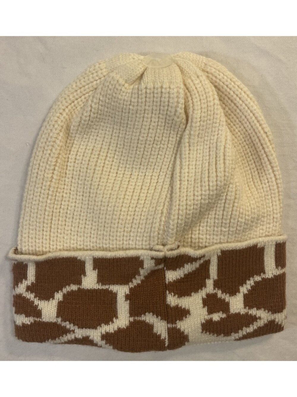 Woman's Time And Tru Cream Color & Animal Pattern Cuffed Knit Beanie Hat